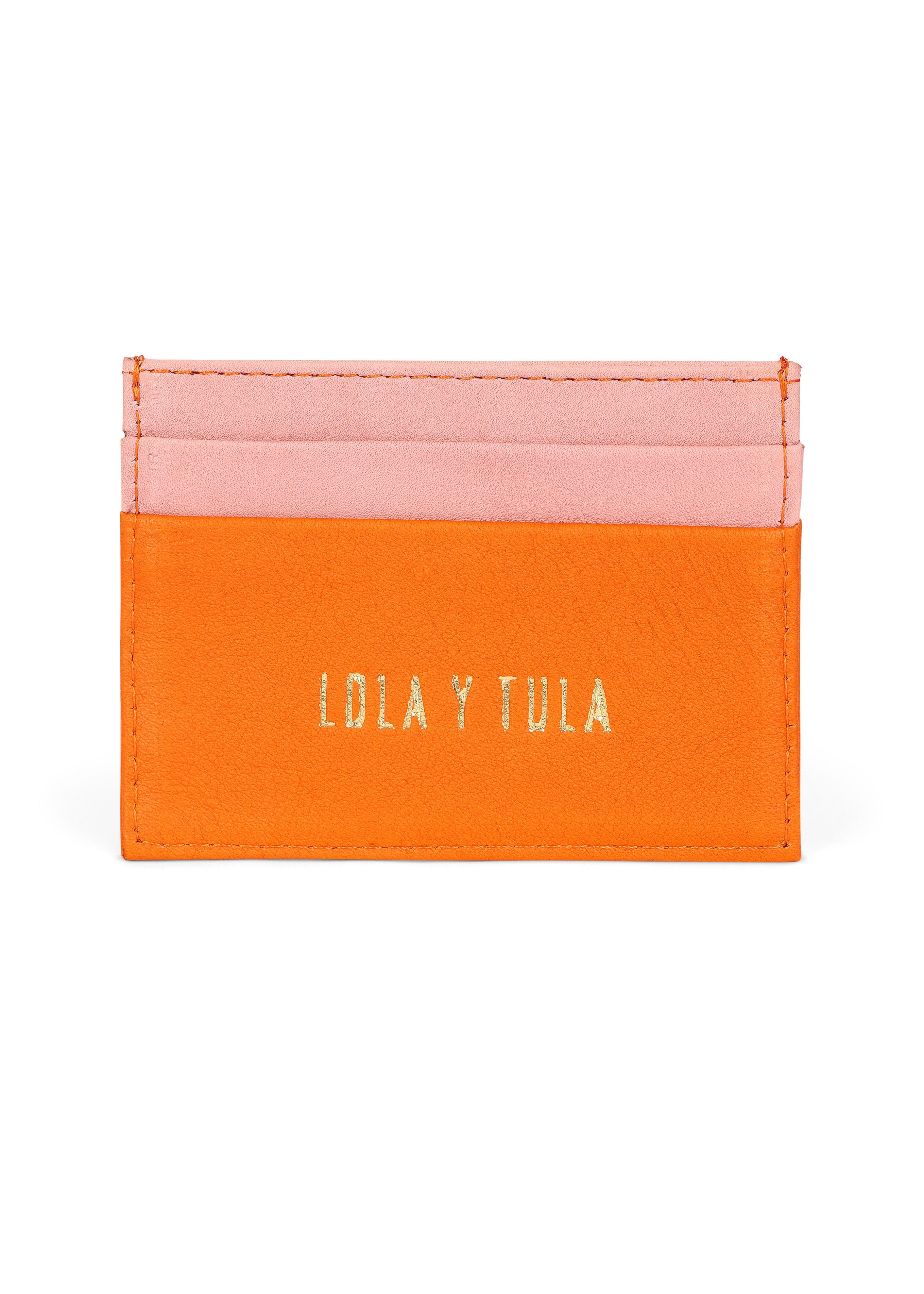 LOLA Y TULA Jaguar Leather Card Holder Wallet Pink and Orange — detail close-up