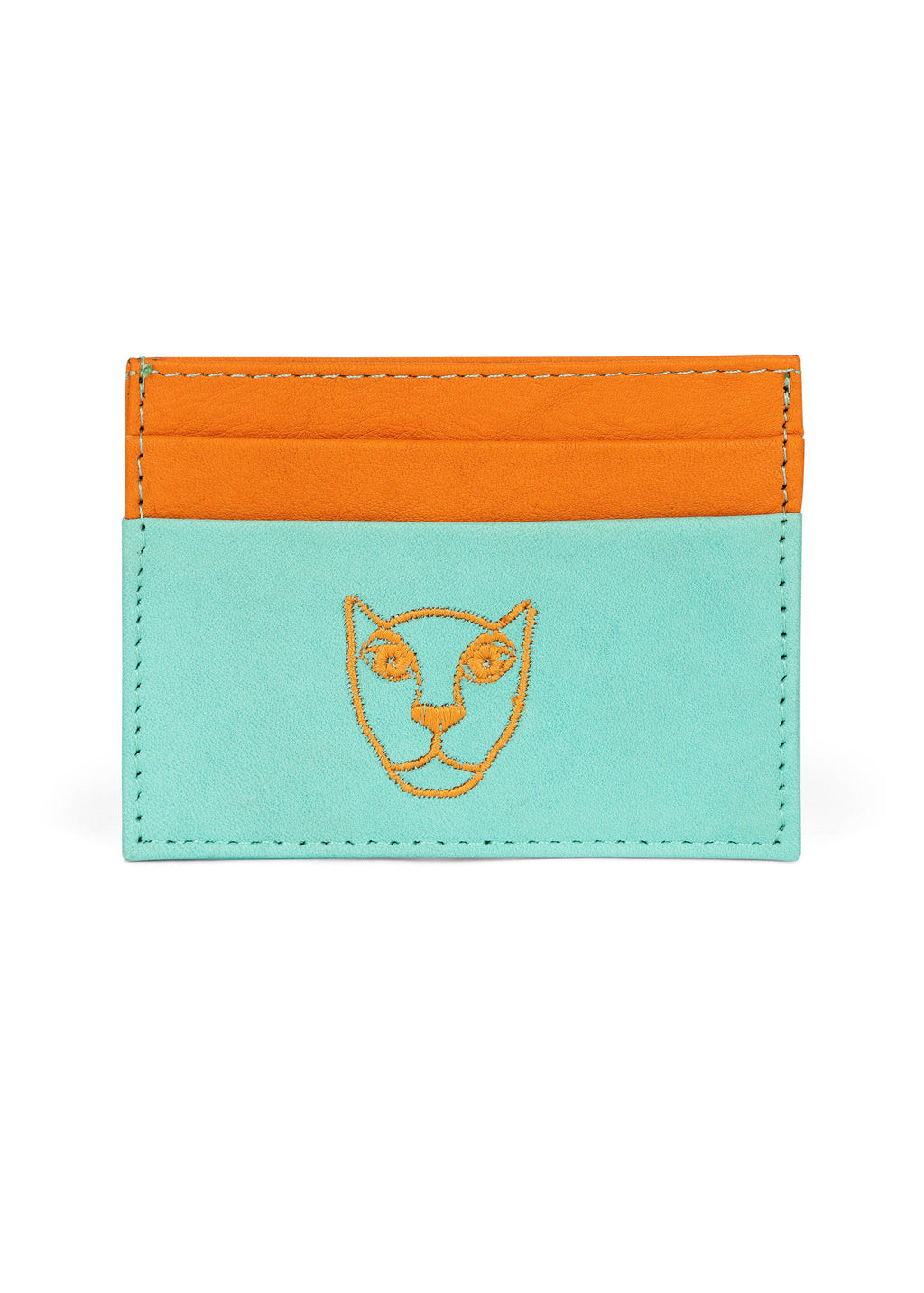 LOLA Y TULA Jaguar Leather Card Holder Wallet Orange and Mint — main product shot
