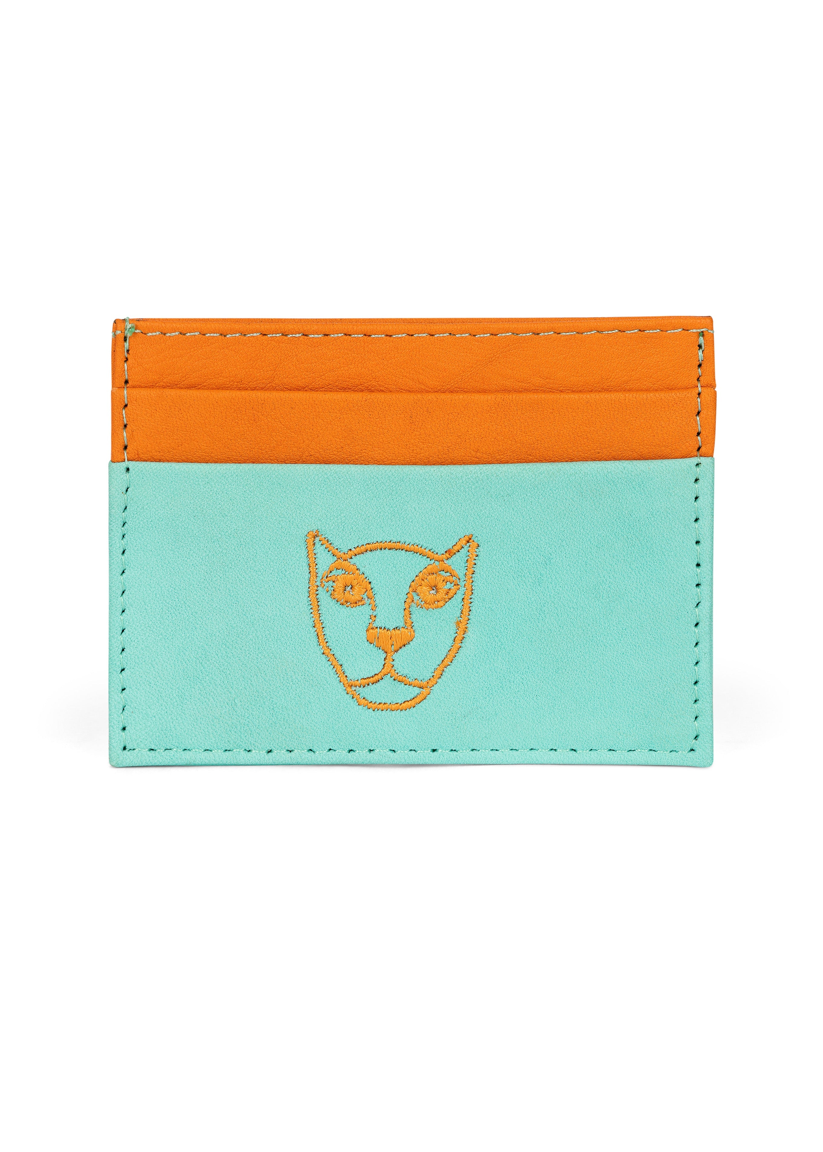 LOLA Y TULA Jaguar Leather Card Holder Wallet Orange and Mint — main product shot