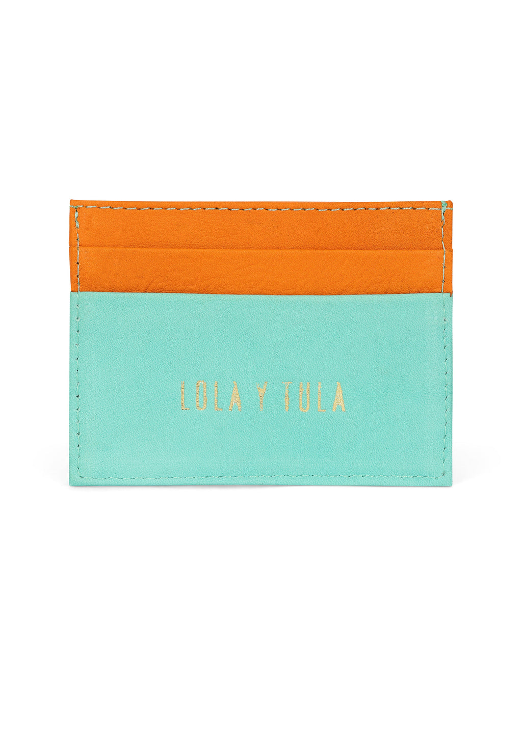 LOLA Y TULA Jaguar Leather Card Holder Wallet Orange and Mint — detail close-up