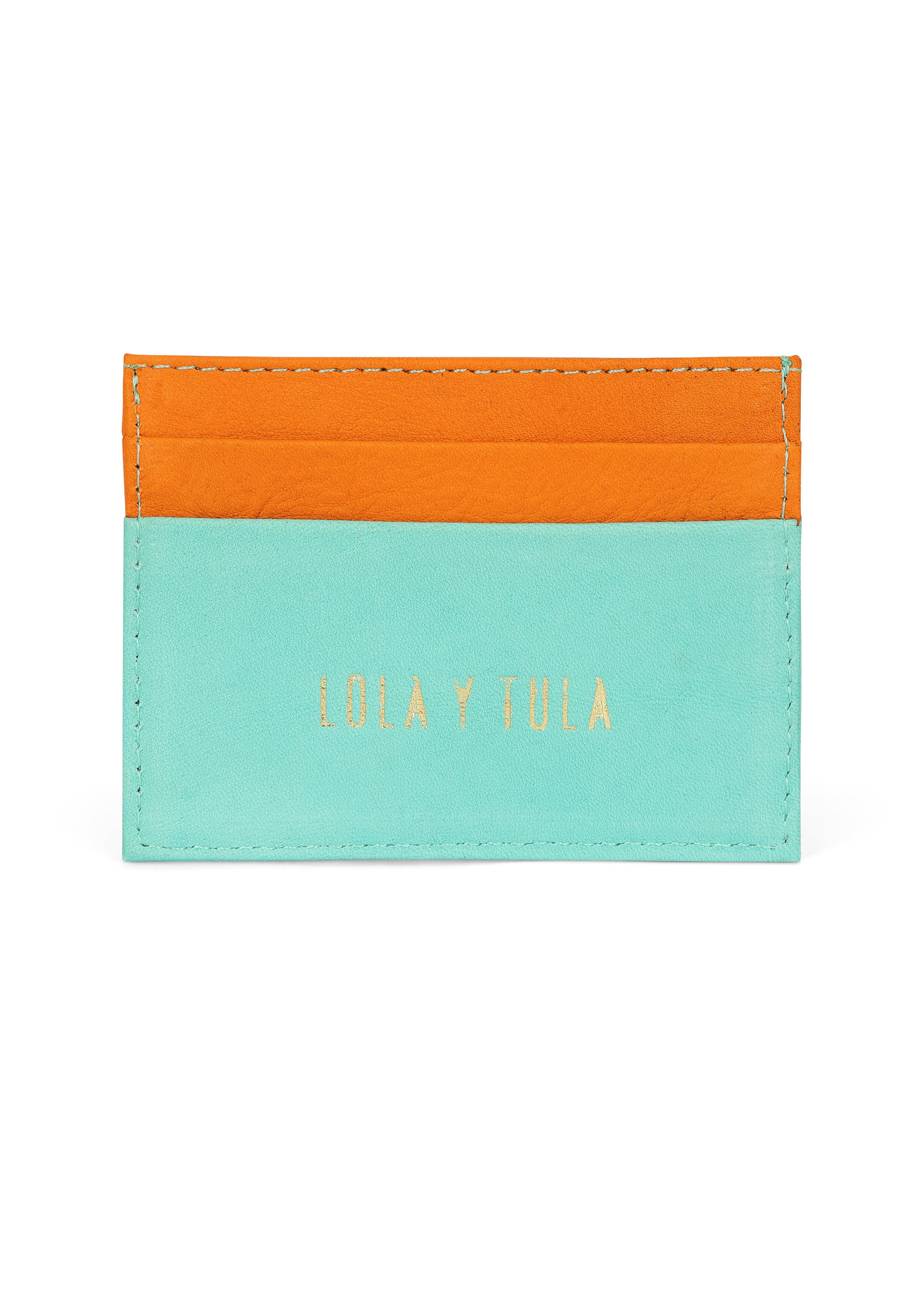 LOLA Y TULA Jaguar Leather Card Holder Wallet Orange and Mint — detail close-up