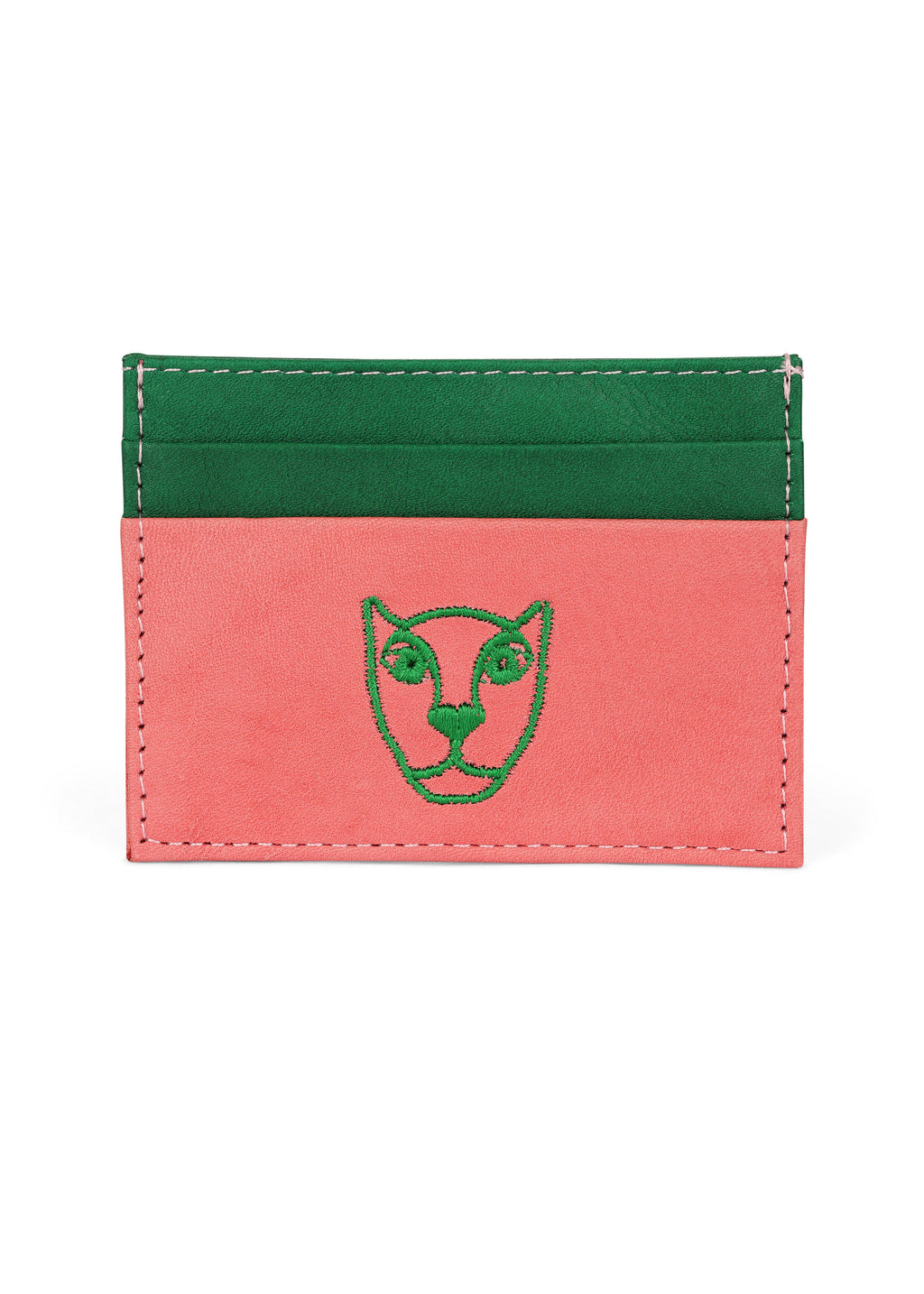 LOLA Y TULA Jaguar Leather Card Holder Wallet Pink + Green — main product shot