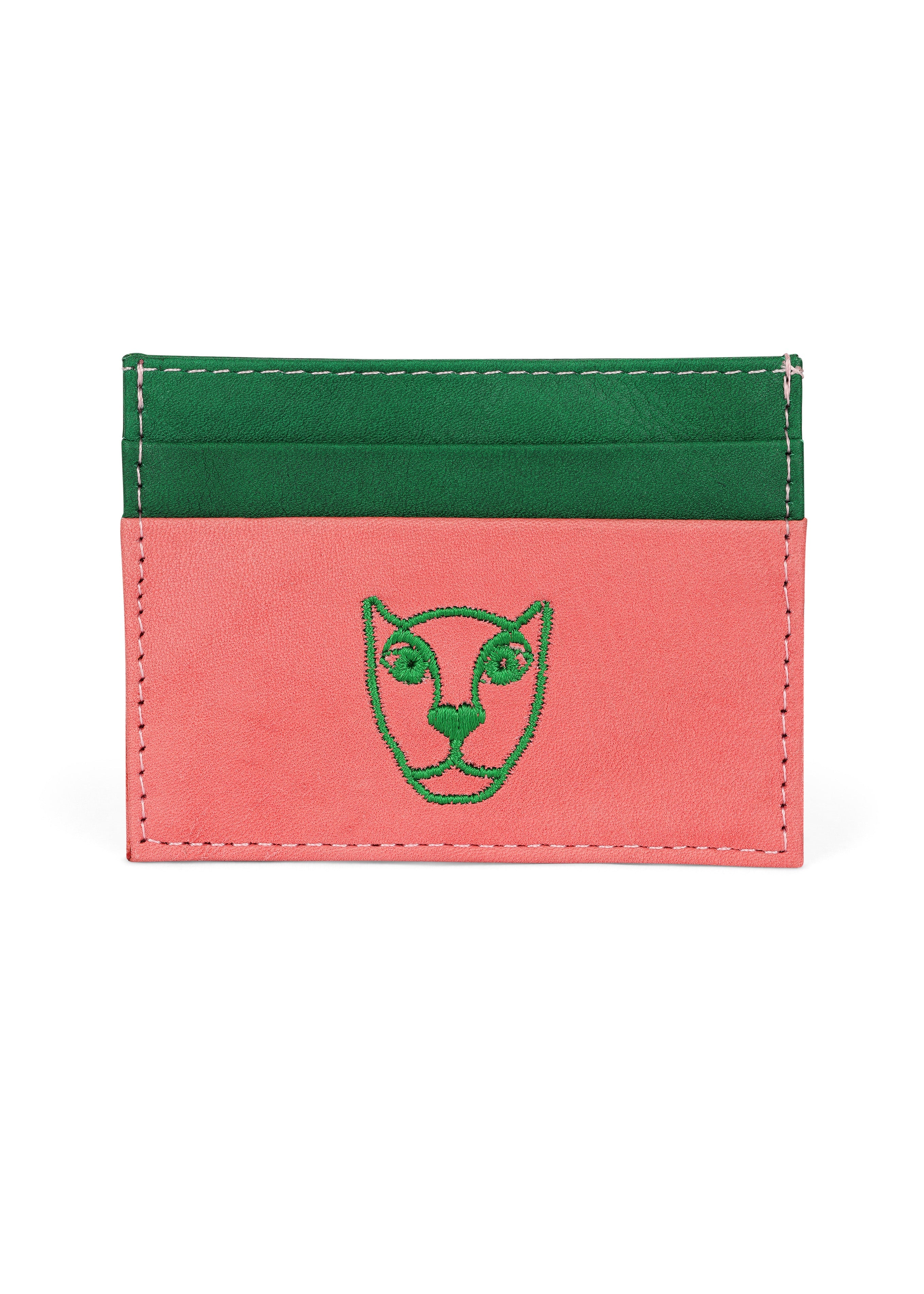 LOLA Y TULA Jaguar Leather Card Holder Wallet Pink + Green — main product shot