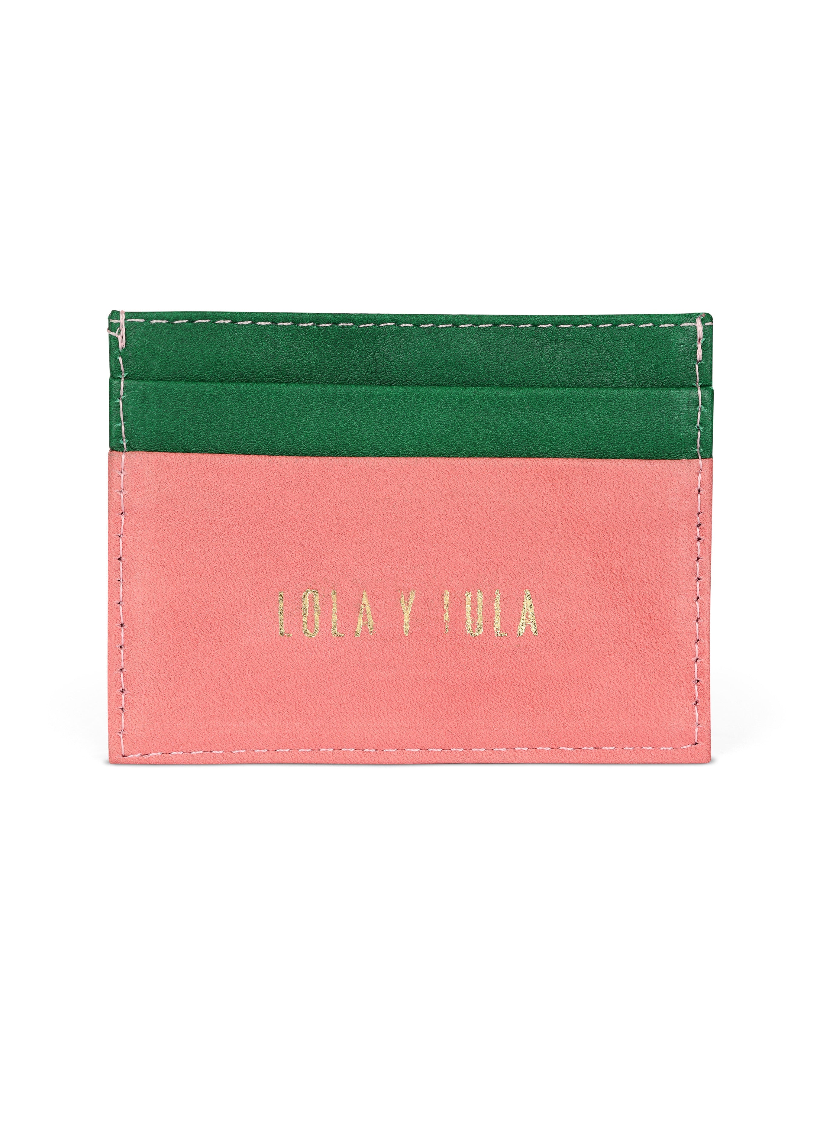 LOLA Y TULA Jaguar Leather Card Holder Wallet Pink + Green — detail close-up
