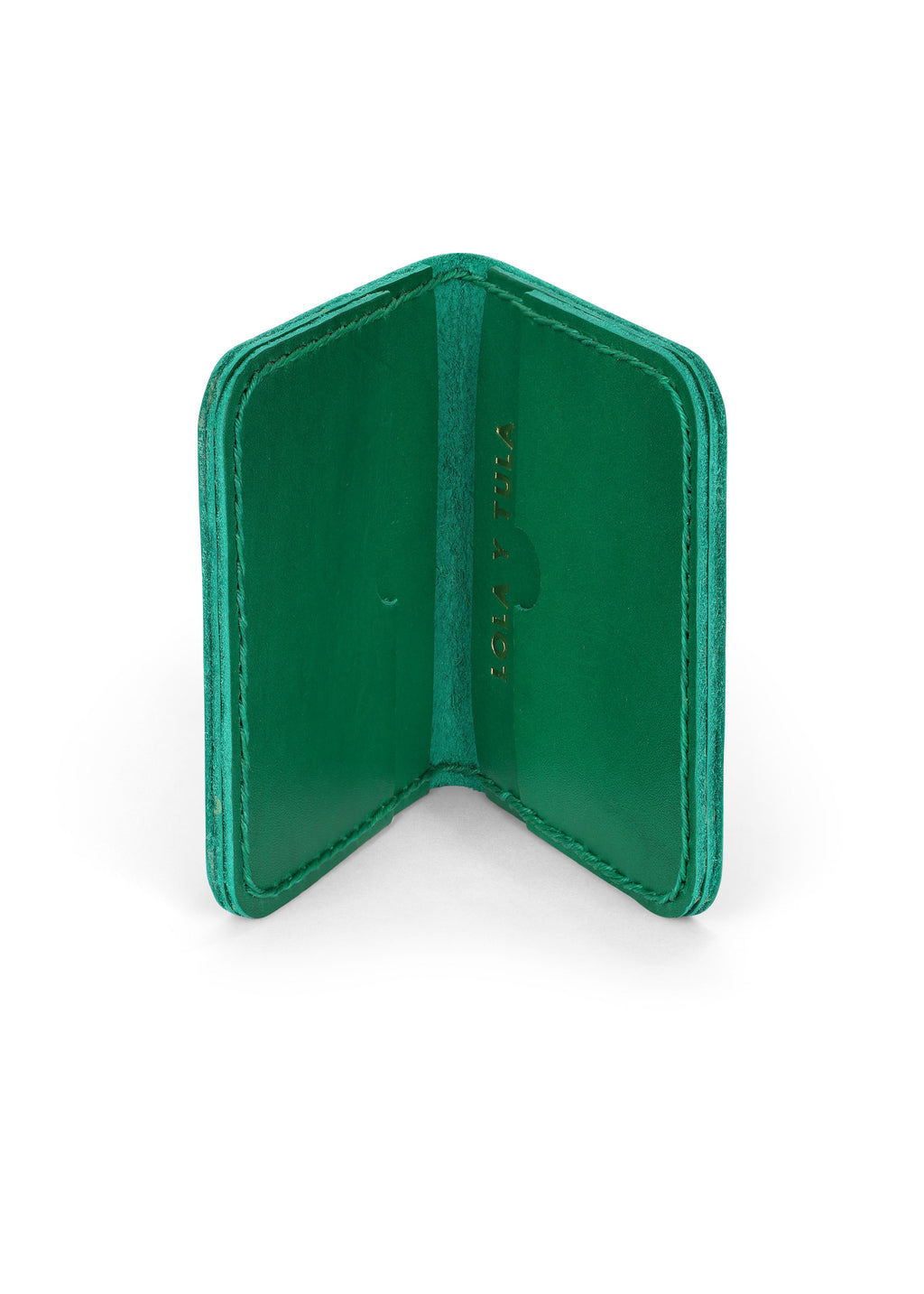 LOLA Y TULA Leather Cardholder Wallet Emerald — detail close-up