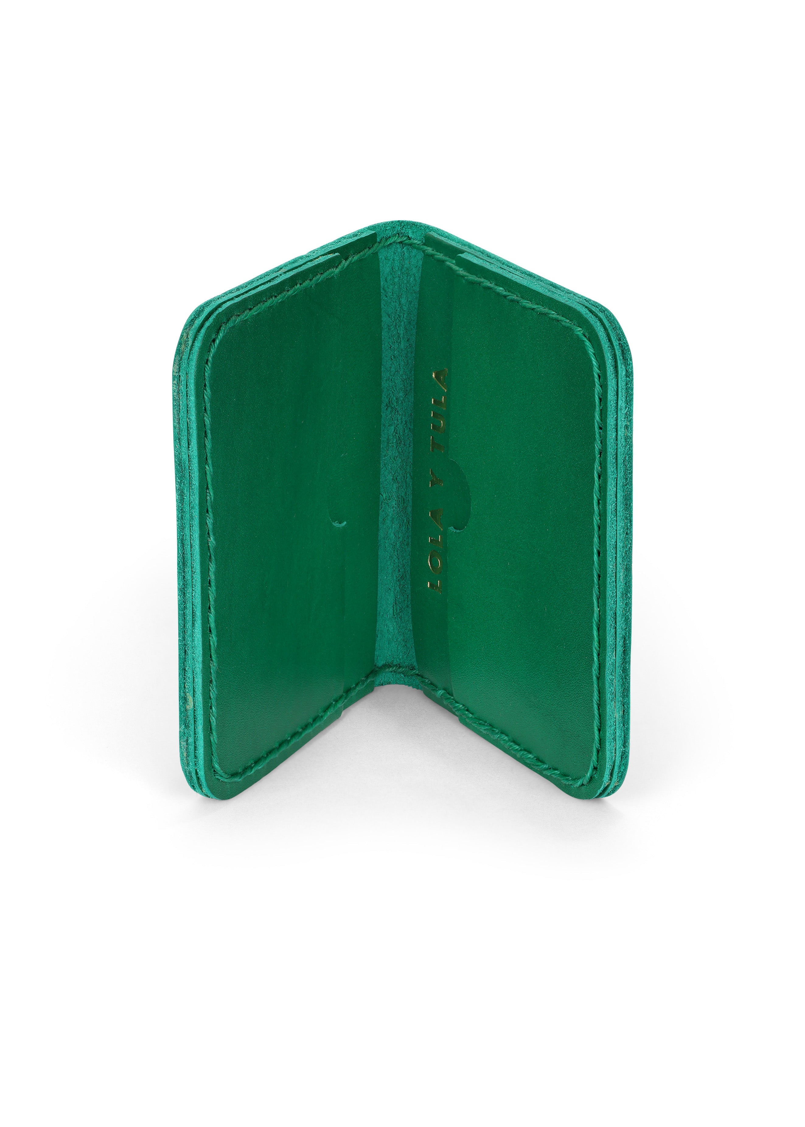 LOLA Y TULA Leather Cardholder Wallet Emerald — detail close-up