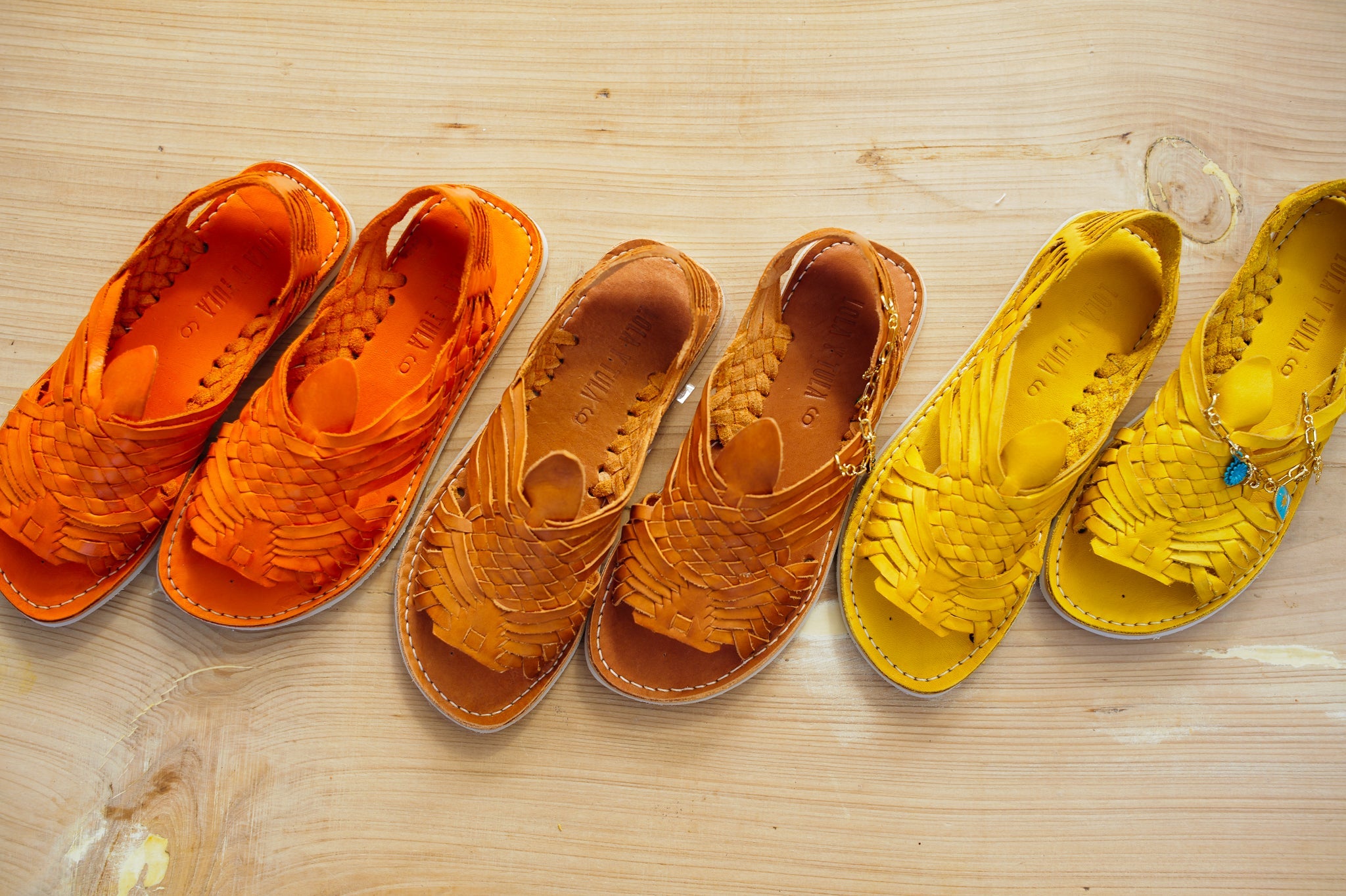 LOLA Y TULA Camel Leather Pachuco Huarache — lifestyle context