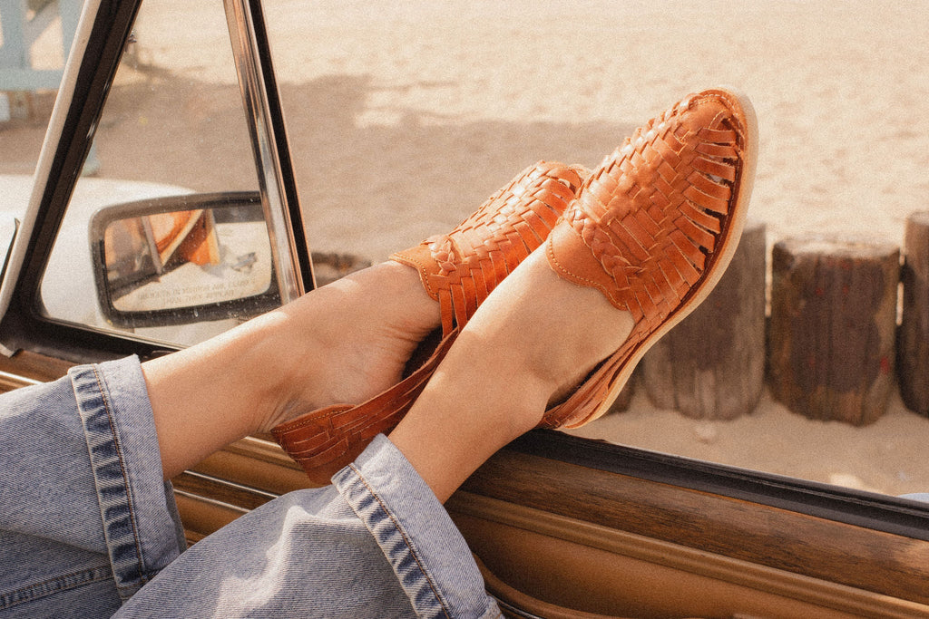 LOLA Y TULA Camel Leather Huarache — lifestyle context