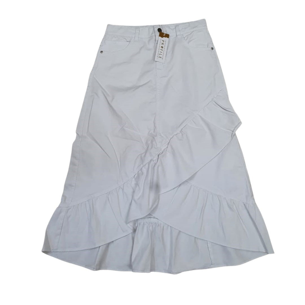 profile-nyc DENIM SKIRT WITH RUFFLE DETAIL — profile-nyc branding close-up
