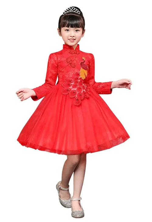 Peacock Princess Embroidered Cheongsam Dress for Girls 3-10