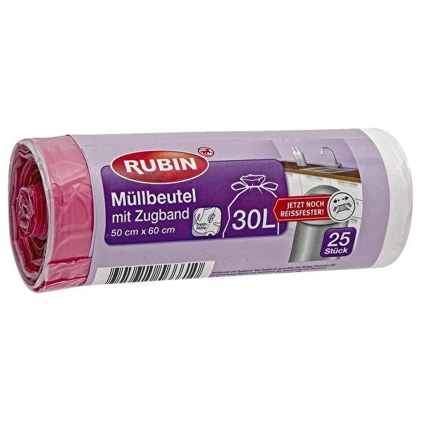 Rubin 30 Liter Trash Bags with Drawstring - 50x60 cm, Pack of 25, Recyclable Polyethylene