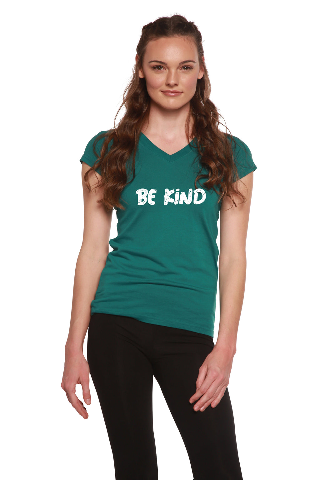 Spun Bamboo Be Kind Printed Women's Bamboo Viscose/Cotton V-Neck Cap Sleeve T-Shirt — lifestyle context