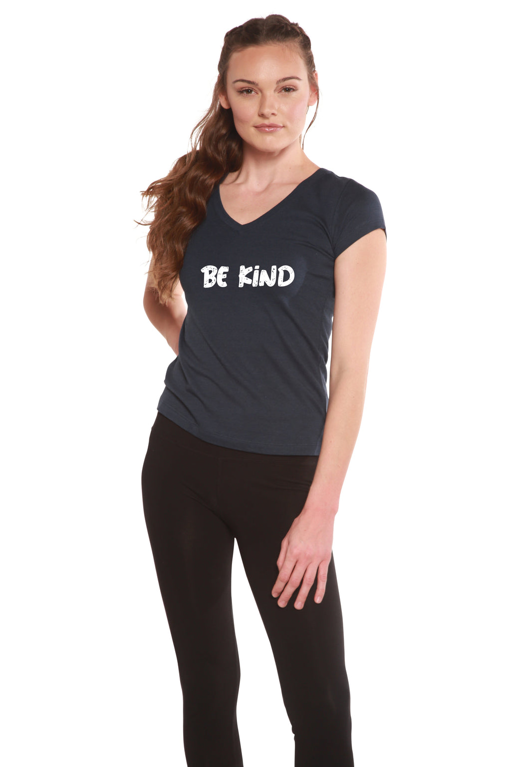 Spun Bamboo Be Kind Printed Women's Bamboo Viscose/Cotton V-Neck Cap Sleeve T-Shirt — detail close-up