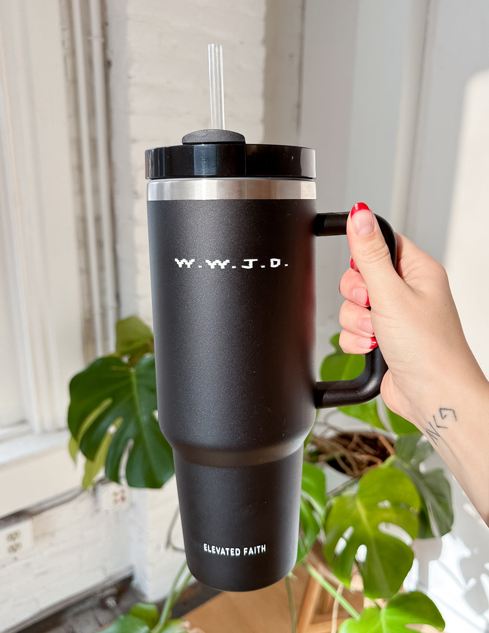 Elevated Faith WWJD 40 oz Tumbler — side view