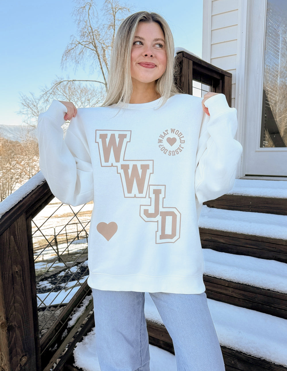 Elevated Faith WWJD Varsity Unisex Crewneck — detail shot 7