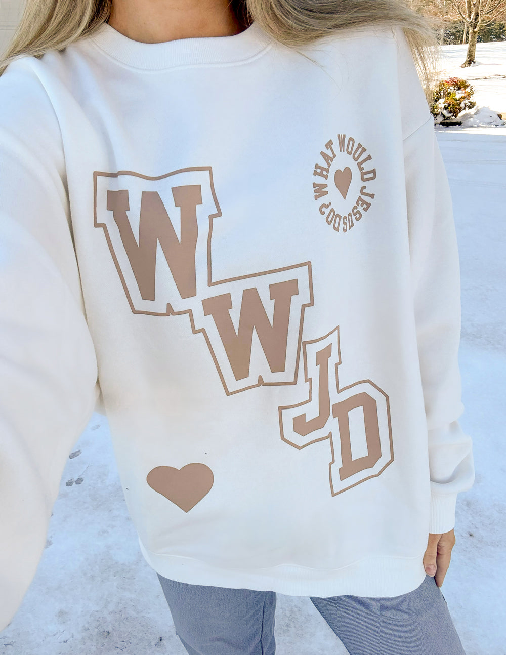 Elevated Faith WWJD Varsity Unisex Crewneck — detail shot 8