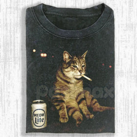 Wacky Cat Printed Design Unisex Oversized T-Shirt – Vintage Washed Graphic Crew Neck Tee