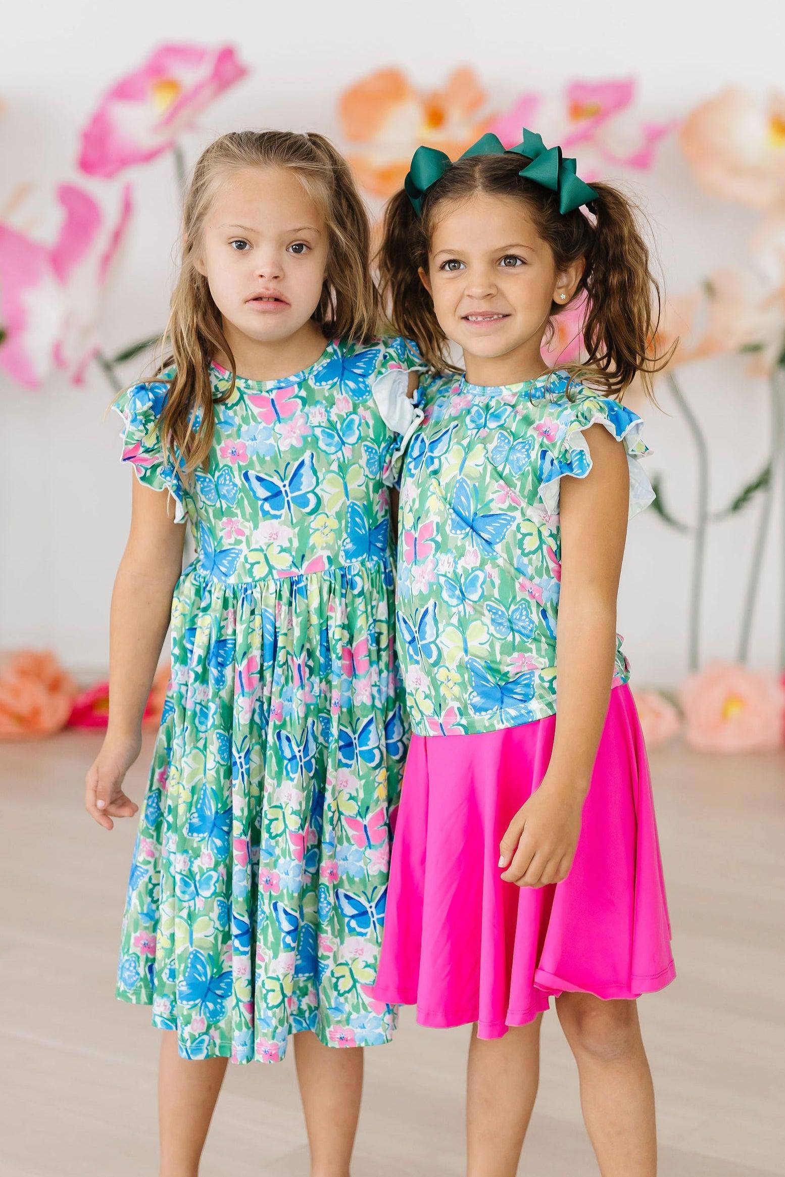 Mila & Rose ® Watercolor Butterflies Flutter Sleeve Twirl Dress — detail close-up