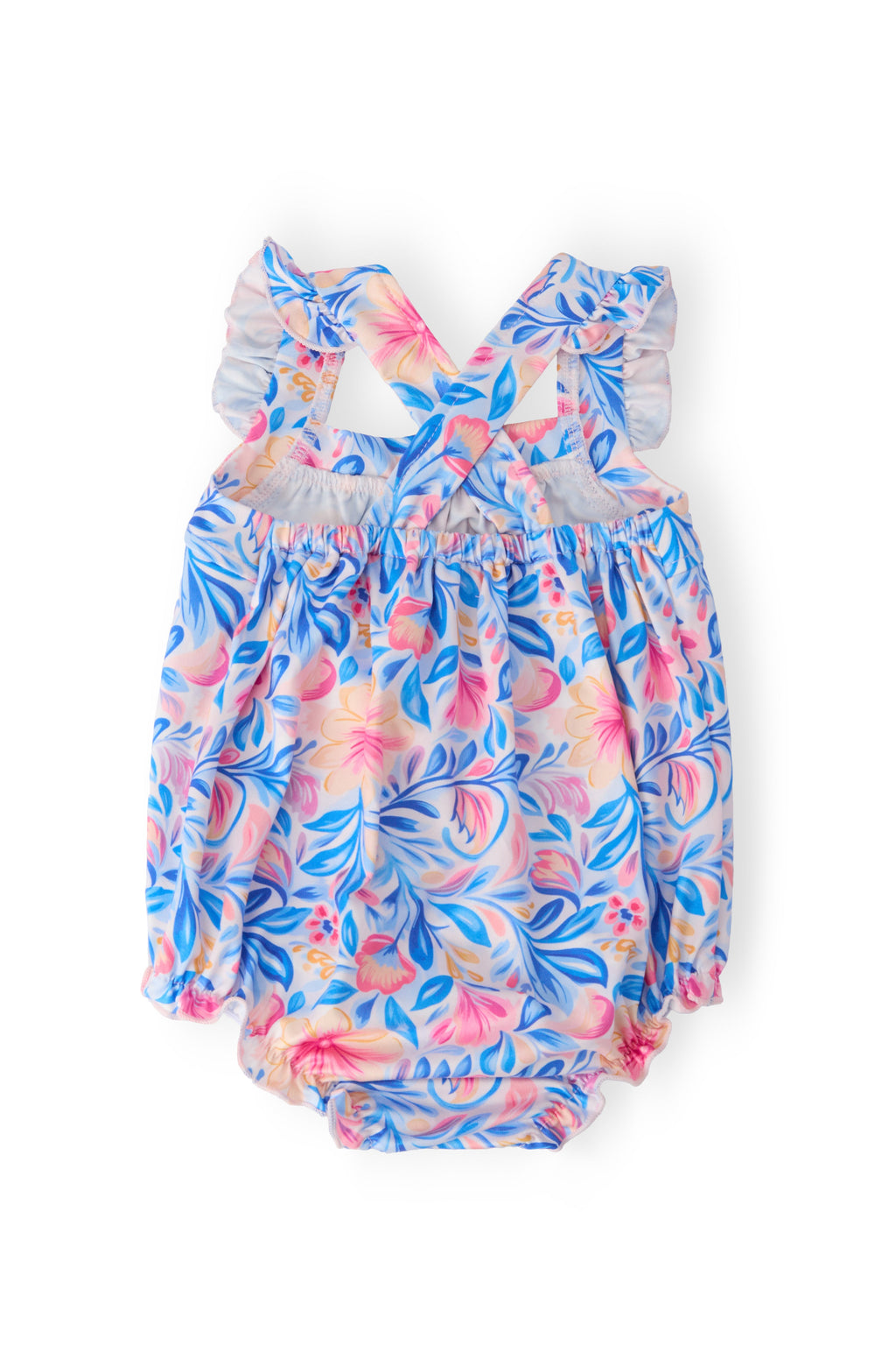 Mila & Rose ® Watercolor Floral Ruffle Cross Back Romper — detail close-up