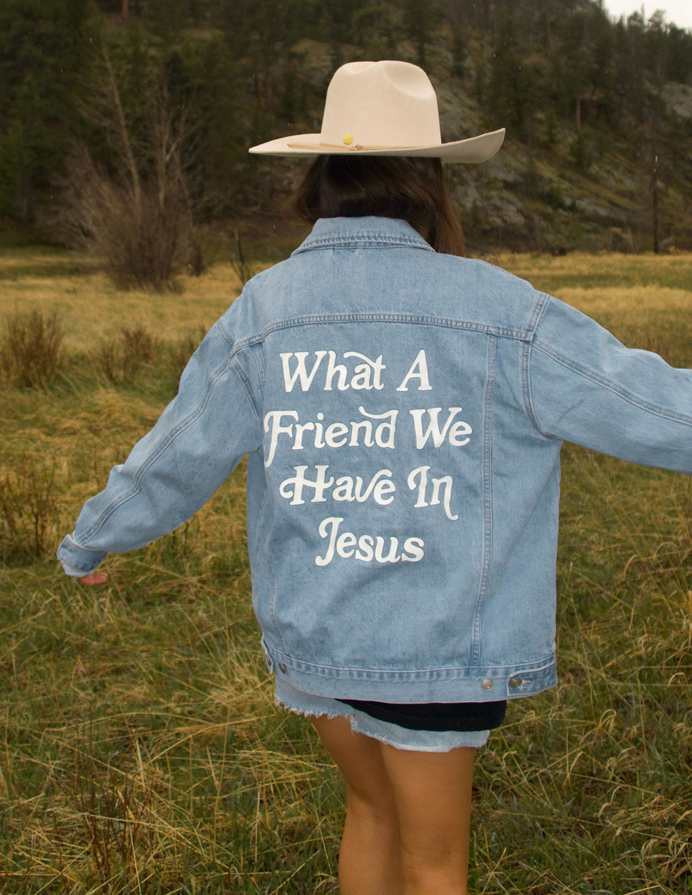 Elevated Faith What a Friend In Jesus Denim Jacket — back view