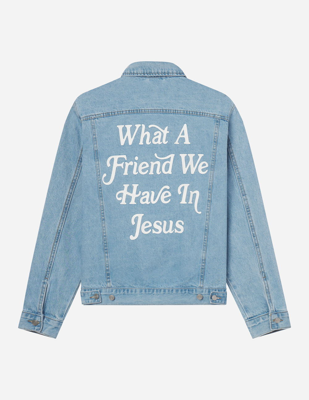Elevated Faith What a Friend In Jesus Denim Jacket — lifestyle context