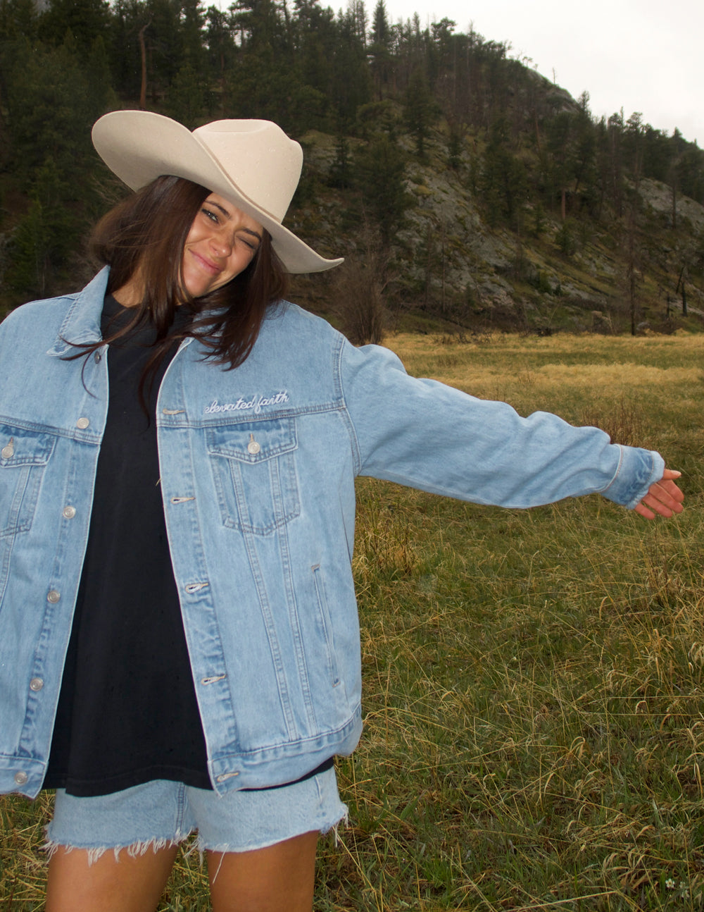 Elevated Faith What a Friend In Jesus Denim Jacket — alternative angle
