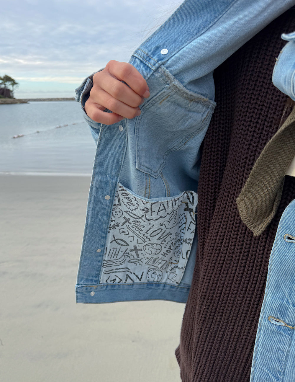 Elevated Faith What a Friend In Jesus Denim Jacket — detail close-up