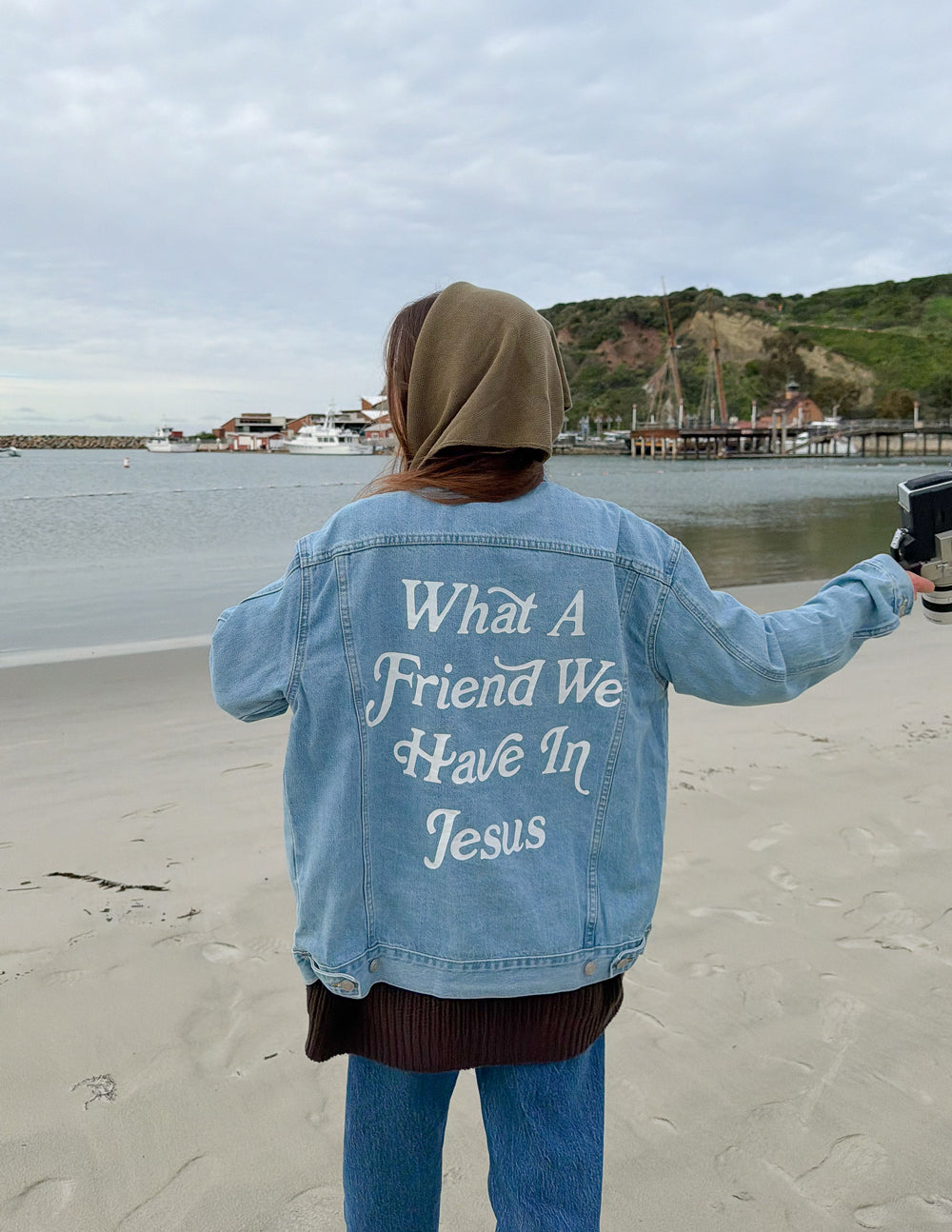 Elevated Faith What a Friend In Jesus Denim Jacket — lifestyle context