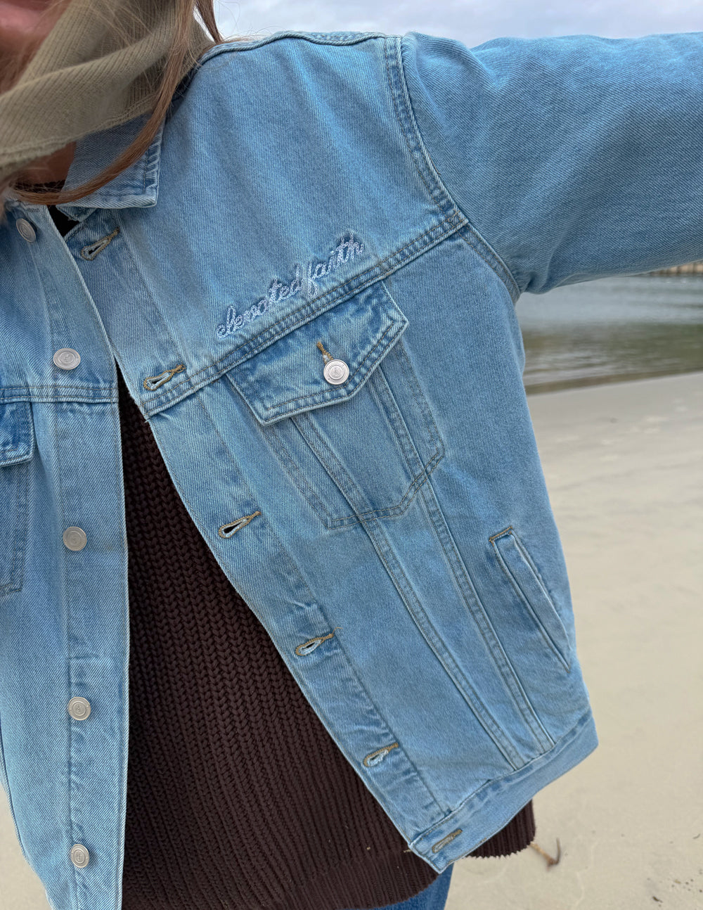 Elevated Faith What a Friend In Jesus Denim Jacket — side view