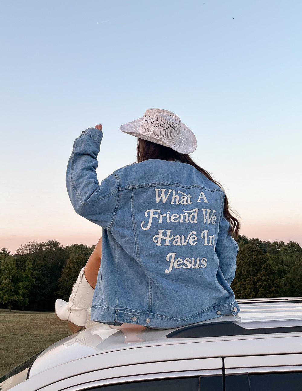 Elevated Faith What a Friend In Jesus Denim Jacket — fabric or material detail