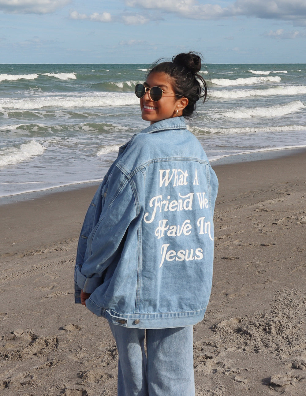 Elevated Faith What a Friend In Jesus Denim Jacket — product on model