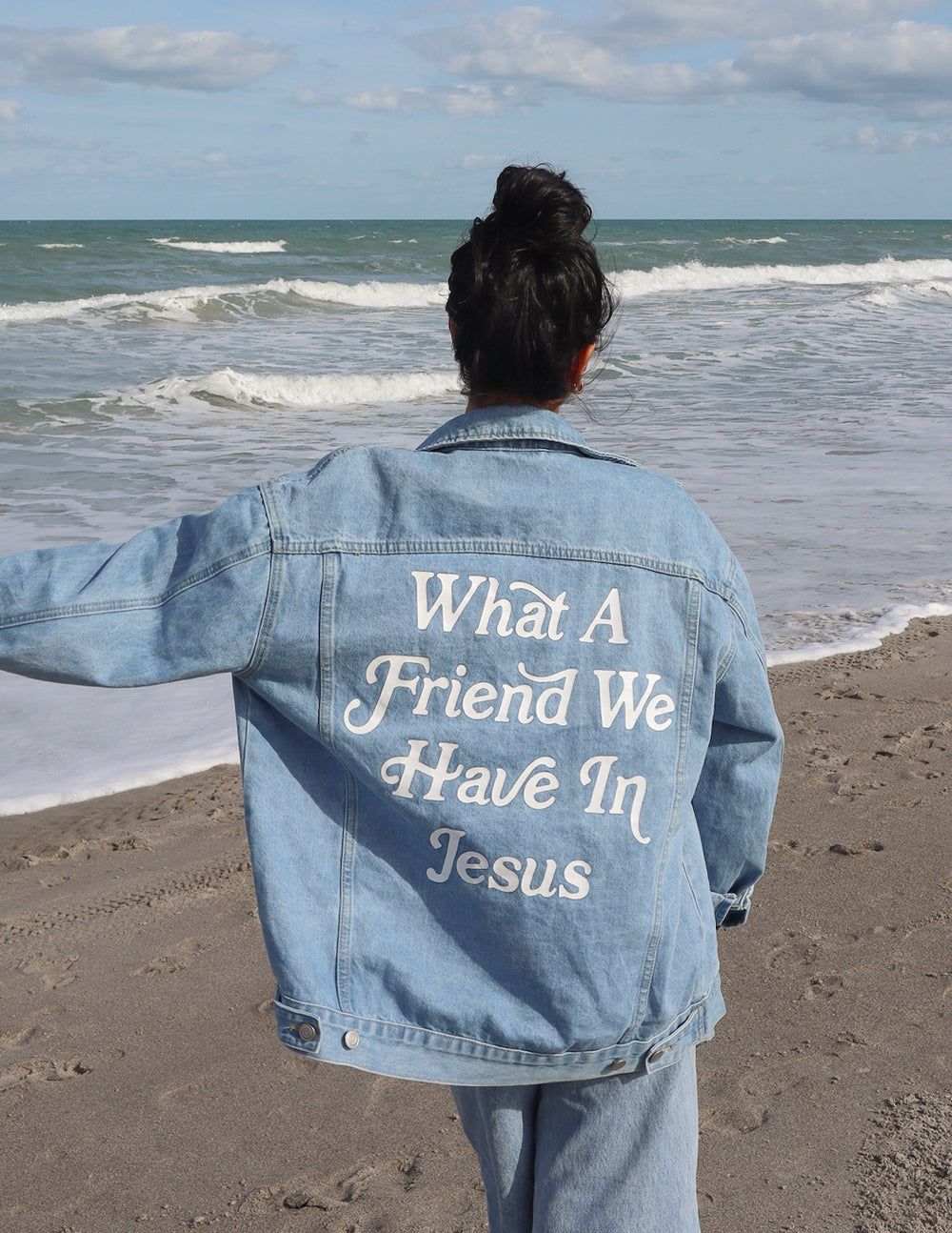 Elevated Faith What a Friend In Jesus Denim Jacket — flat-lay composition
