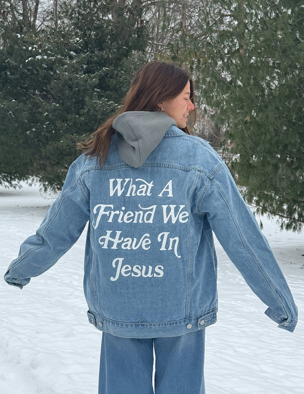 Elevated Faith What a Friend In Jesus Denim Jacket — detail close-up