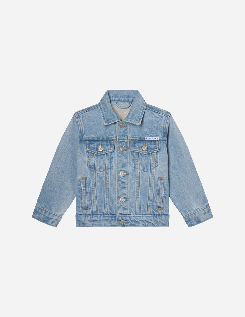 Elevated Faith What a Friend in Jesus Kids Denim Jacket — fabric or material detail