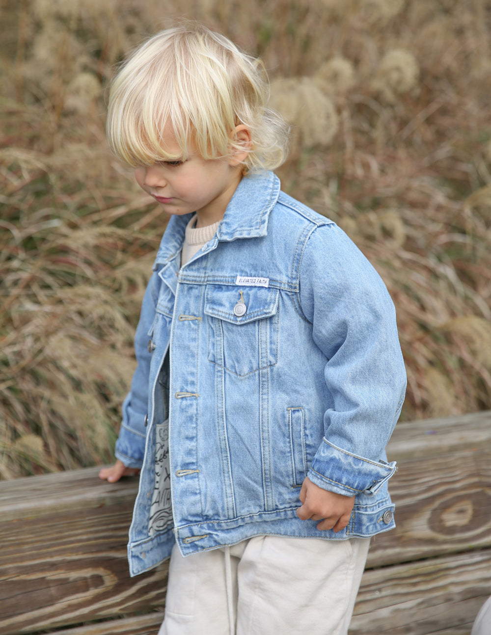 Elevated Faith What a Friend in Jesus Kids Denim Jacket — color detail