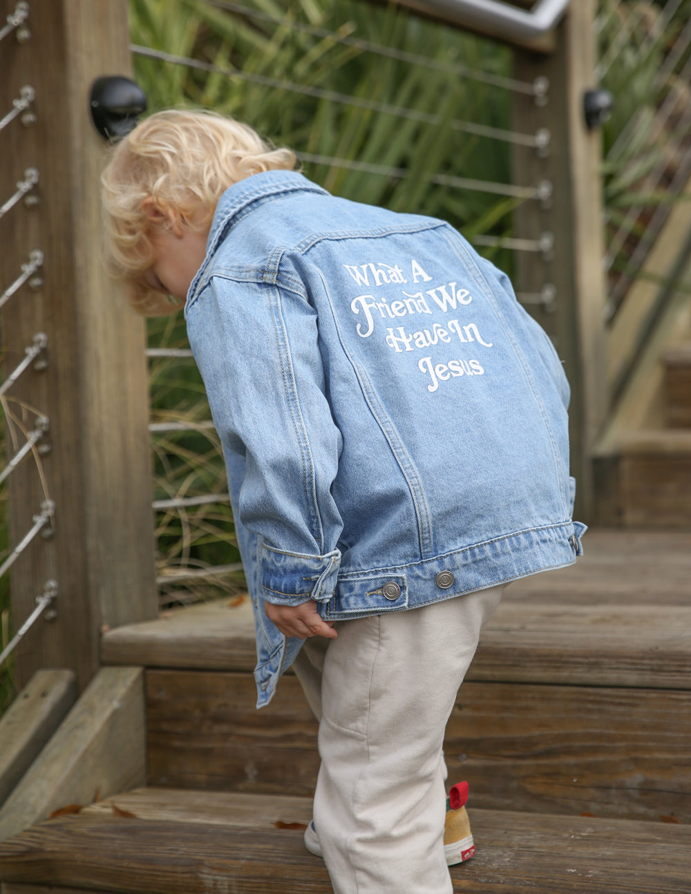 Elevated Faith What a Friend in Jesus Kids Denim Jacket — comparison shot