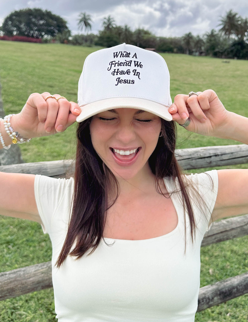 Elevated Faith What a Friend in Jesus Trucker Hat — color detail