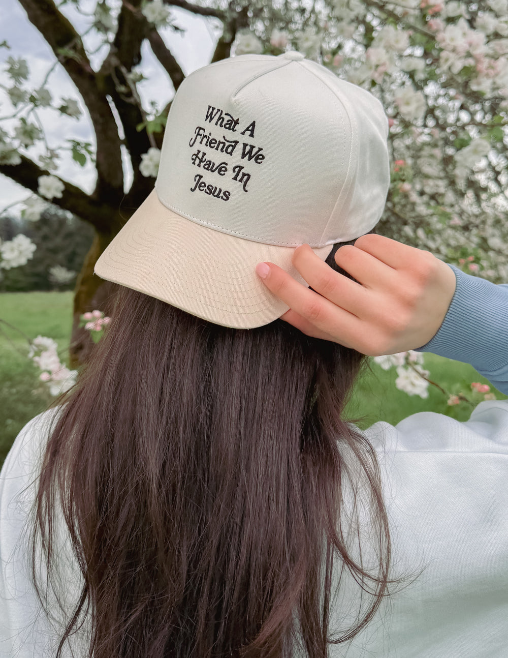Elevated Faith What a Friend in Jesus Trucker Hat — detail close-up