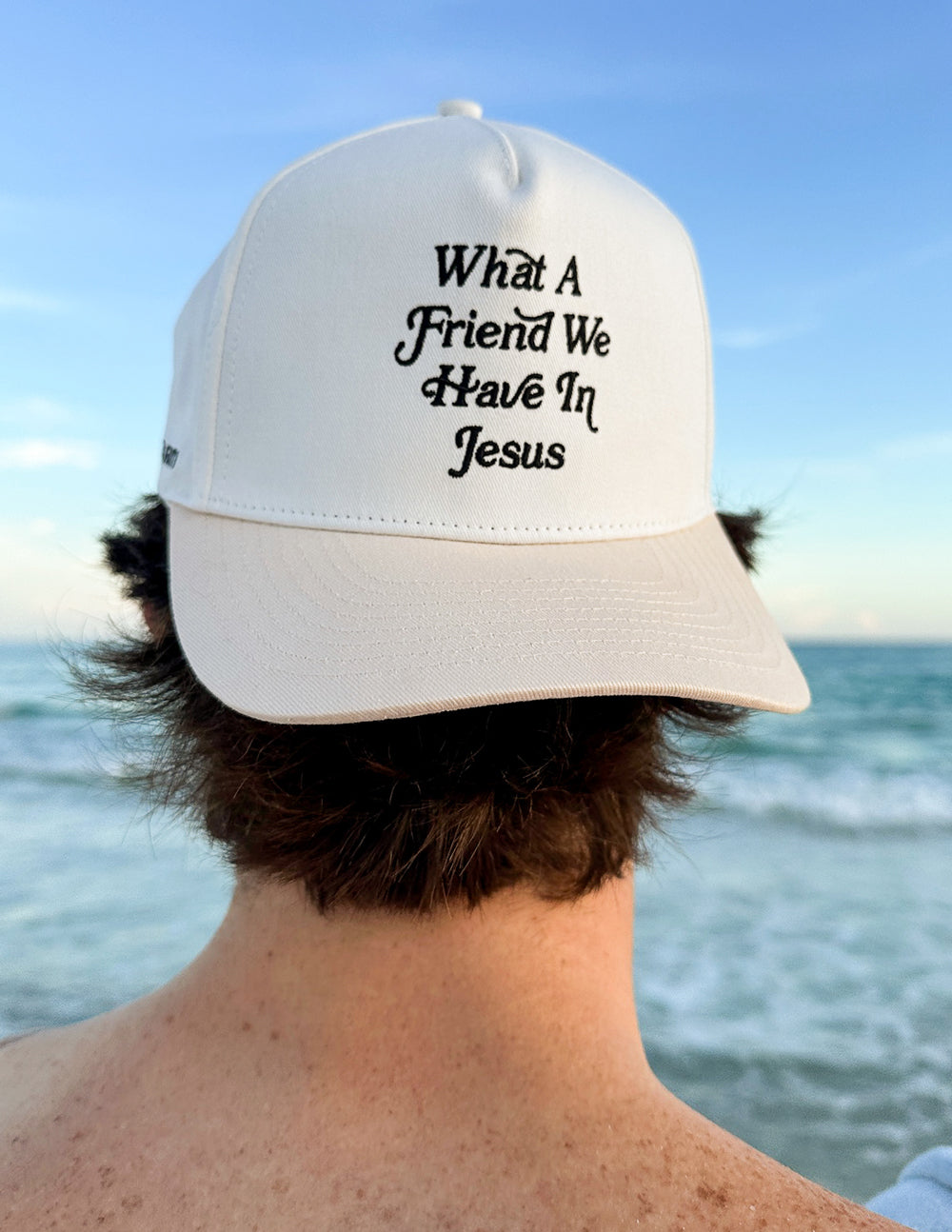 Elevated Faith What a Friend in Jesus Trucker Hat — in-use photo