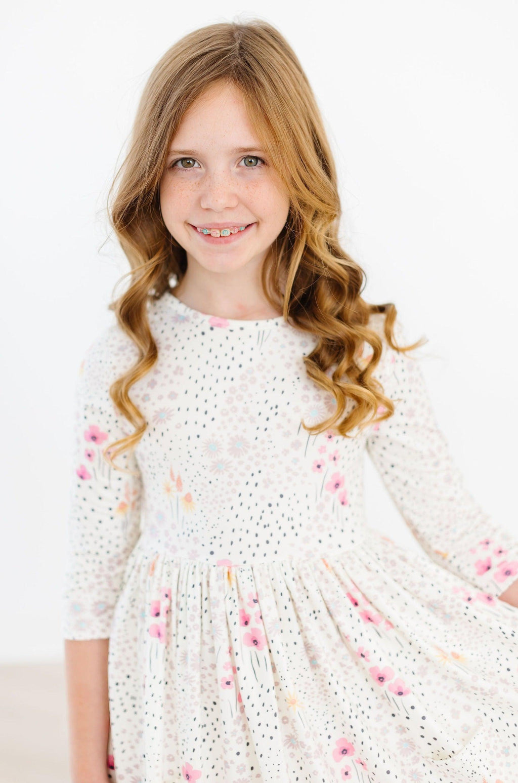 Mila & Rose ® SALE Whimsical Wildflowers 3/4 Sleeve Pocket Twirl Dress — detail close-up