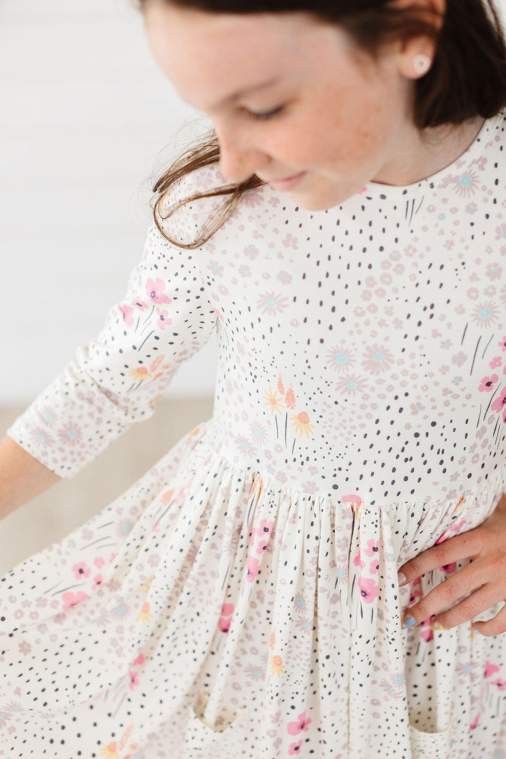 Mila & Rose ® SALE Whimsical Wildflowers 3/4 Sleeve Pocket Twirl Dress — lifestyle context