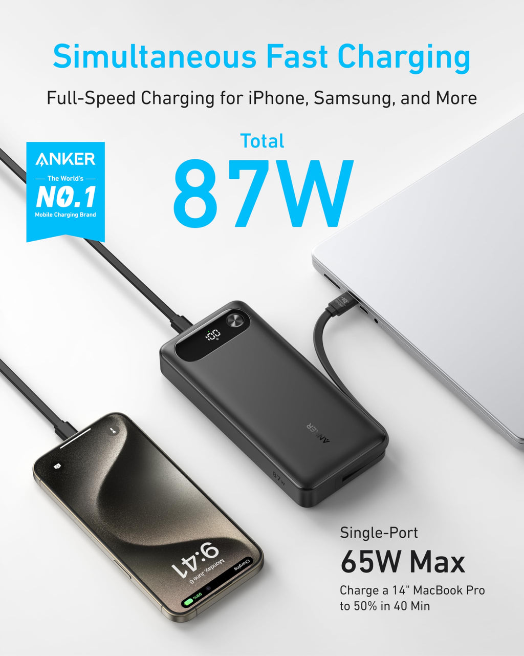 Anker Power Bank (20K, 87W, Built-In USB-C Cable), view 9