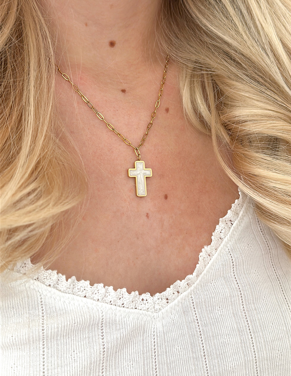 Elevated Faith White Enamel Cross Necklace — White detail