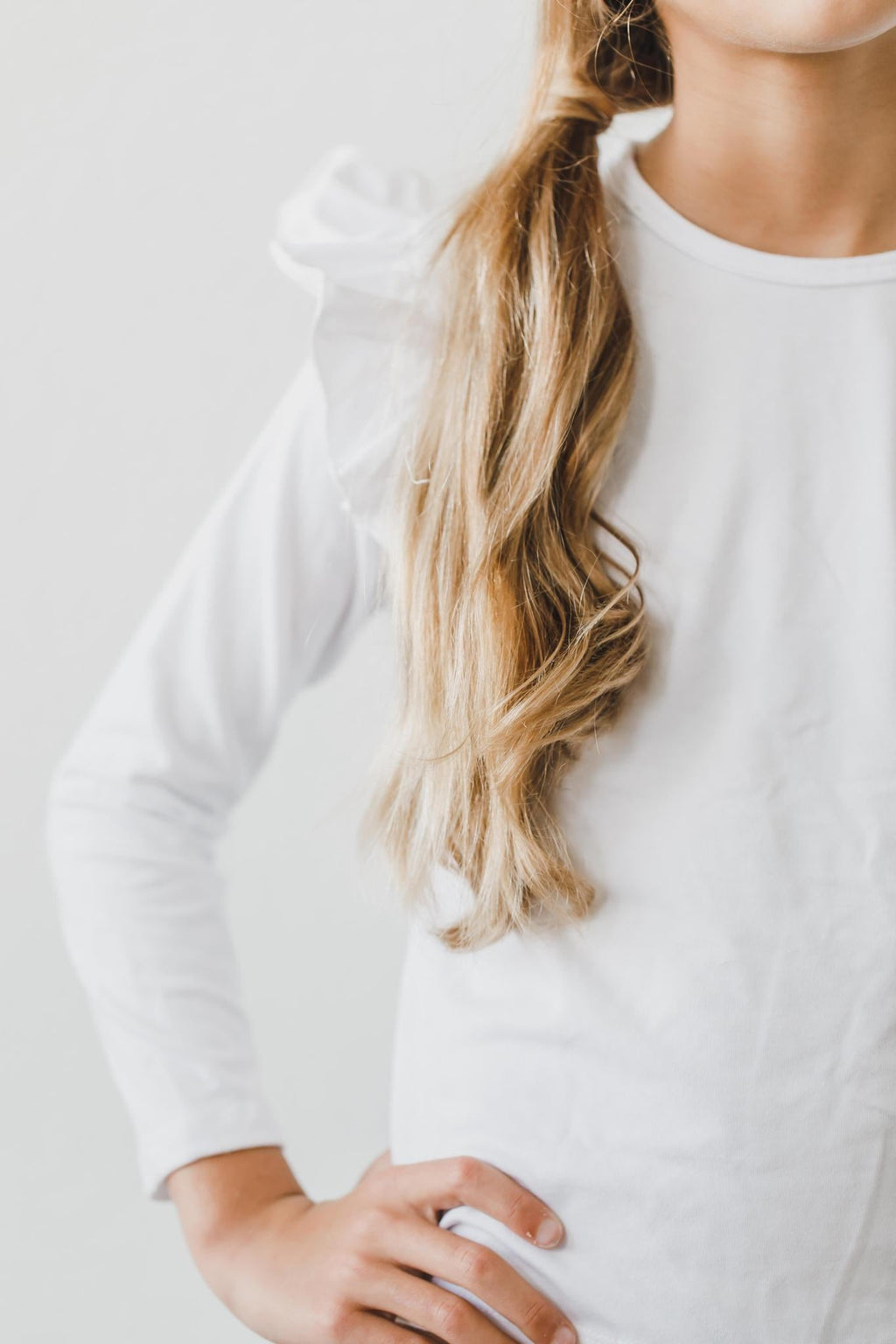 Mila & Rose ® White L/S Ruffle Tee — detail close-up