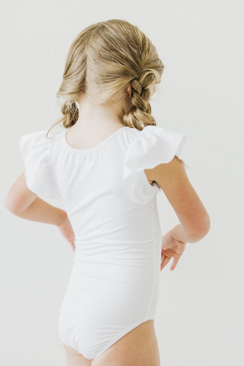 Mila & Rose ® White S/S Flutter Sleeve Leotard — side view