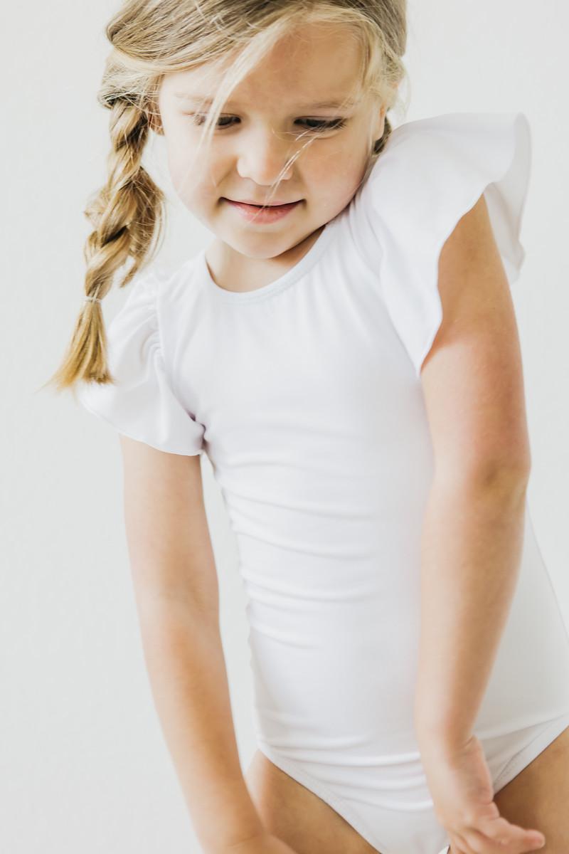 Mila & Rose ® White S/S Flutter Sleeve Leotard — in-use photo