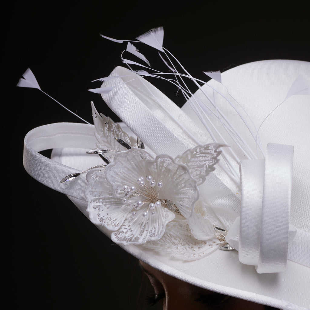 White Bridal Hat with Flower and Ribbon – Bridal Port, view 2