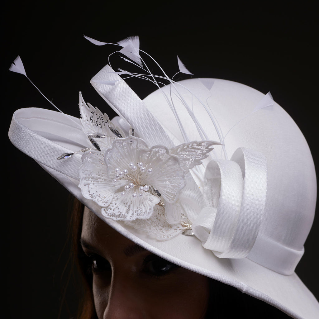 White Bridal Hat with Flower and Ribbon – Bridal Port