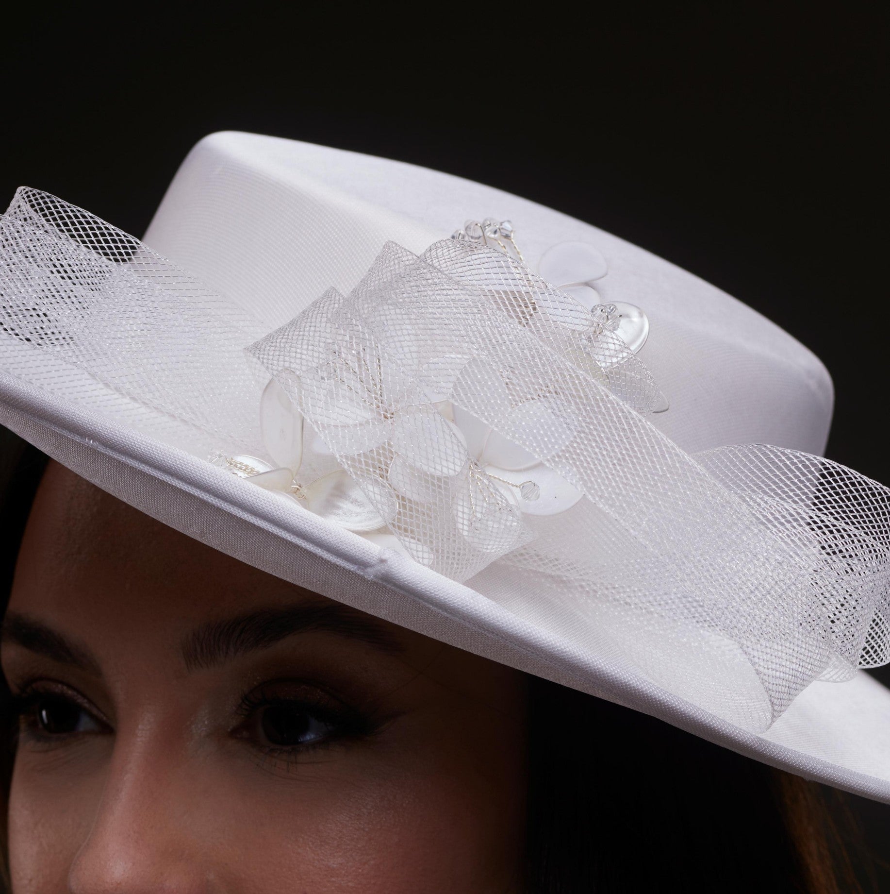 White Bridal Hat with Pearls and Flowers – Bridal Port, view 6