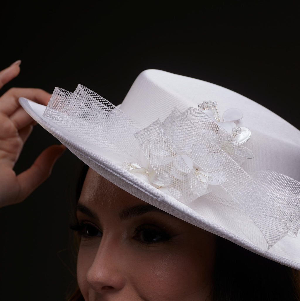 White Bridal Hat with Pearls and Flowers – Bridal Port, view 2